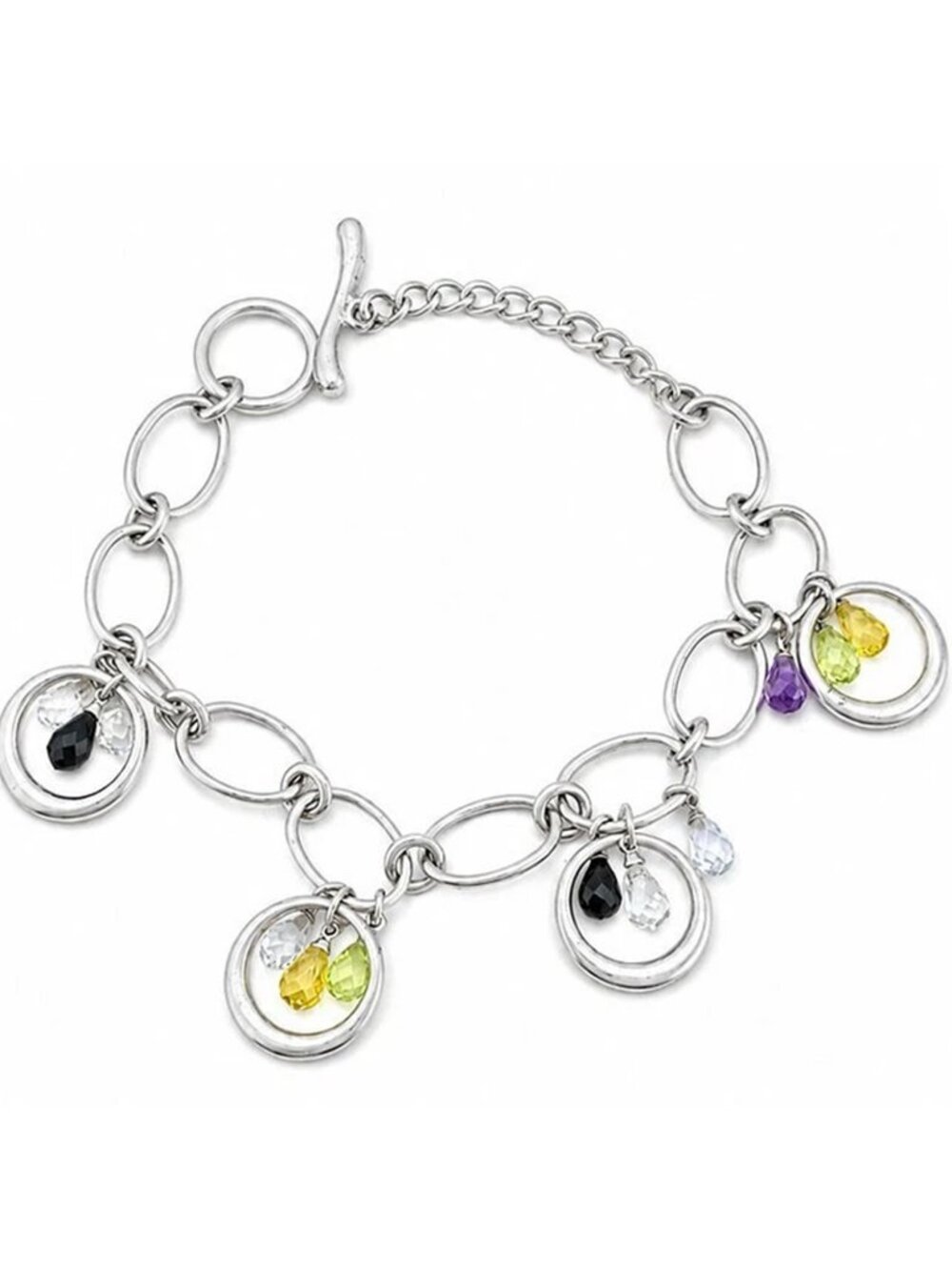 Garnet, Amethyst, W/Sapphires & Yellow Topaz Charm Bracelet .925 Silver